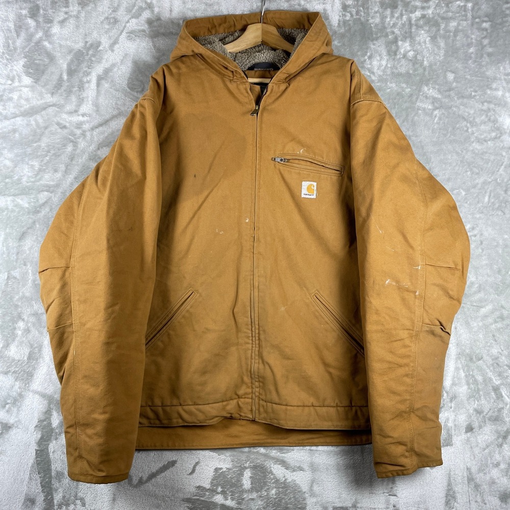 Carhartt Hooded Jacket Mens 2XL Tall Brown Relaxed Fit Canvas Sherpa OJ4392-M